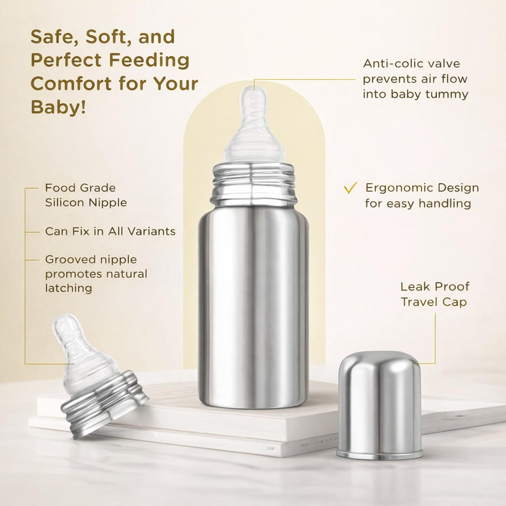 Little Champ Baby Feeding Bottle – 250ml Stainless Steel | Anti-Colic Silicone Nipple | BPA-Free, Leakproof & Easy-Clean