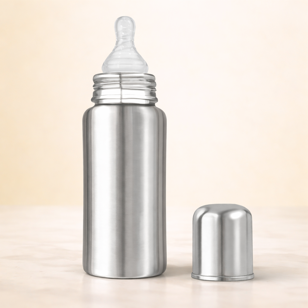 Little Champ Baby Feeding Bottle – 250ml Stainless Steel | Anti-Colic Silicone Nipple | BPA-Free, Leakproof & Easy-Clean