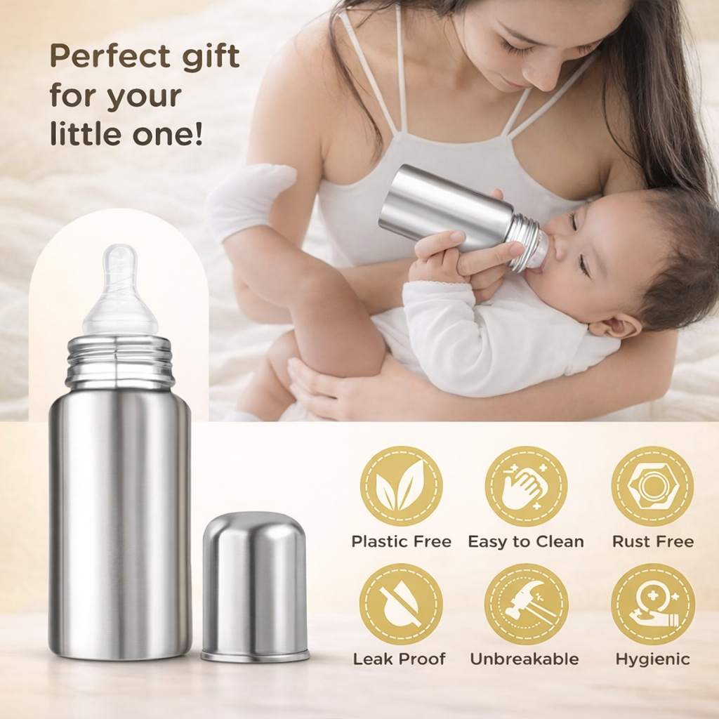 Little Champ Baby Feeding Bottle – 250ml Stainless Steel | Anti-Colic Silicone Nipple | BPA-Free, Leakproof & Easy-Clean