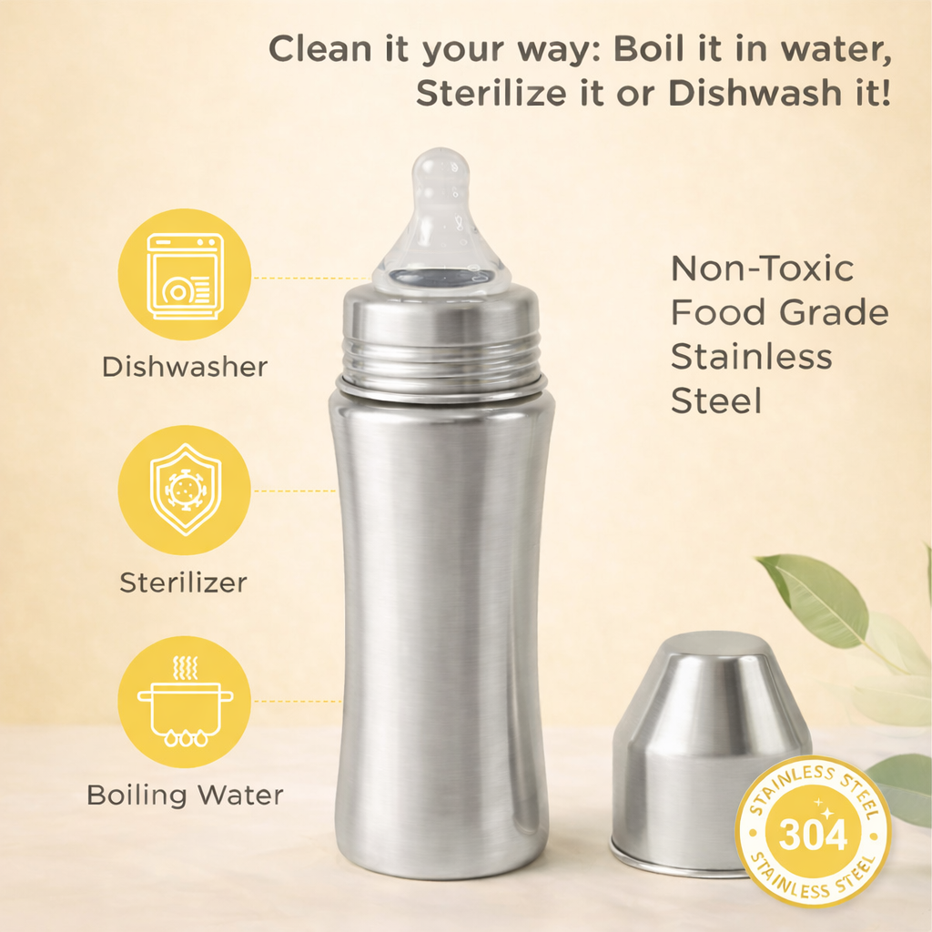 Little Champ Baby Feeding Bottle – 250ml Stainless Steel | Anti-Colic Silicone Nipple | BPA-Free, Leakproof & Easy-Clean